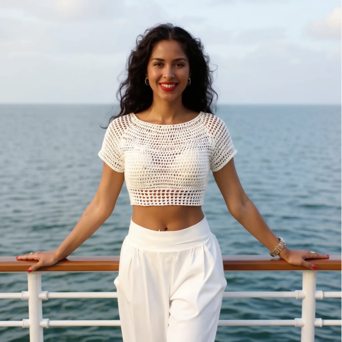 Haut au crochet Bianco de Cachalabibi - vue de face d'une jeune femme sur le pont d'un bateau de croisière