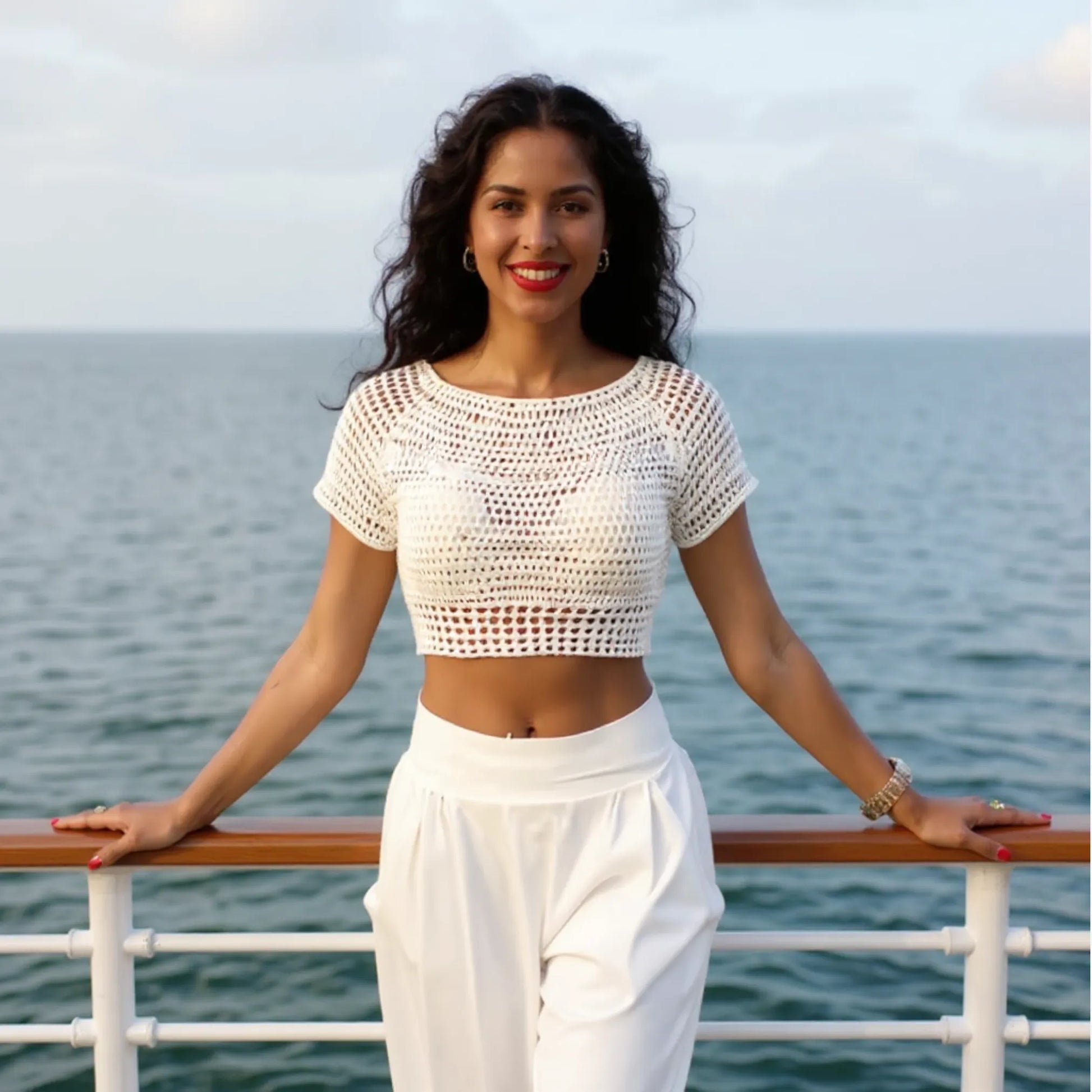 Haut au crochet Bianco de Cachalabibi - vue de face d'une jeune femme sur le pont d'un bateau de croisière
