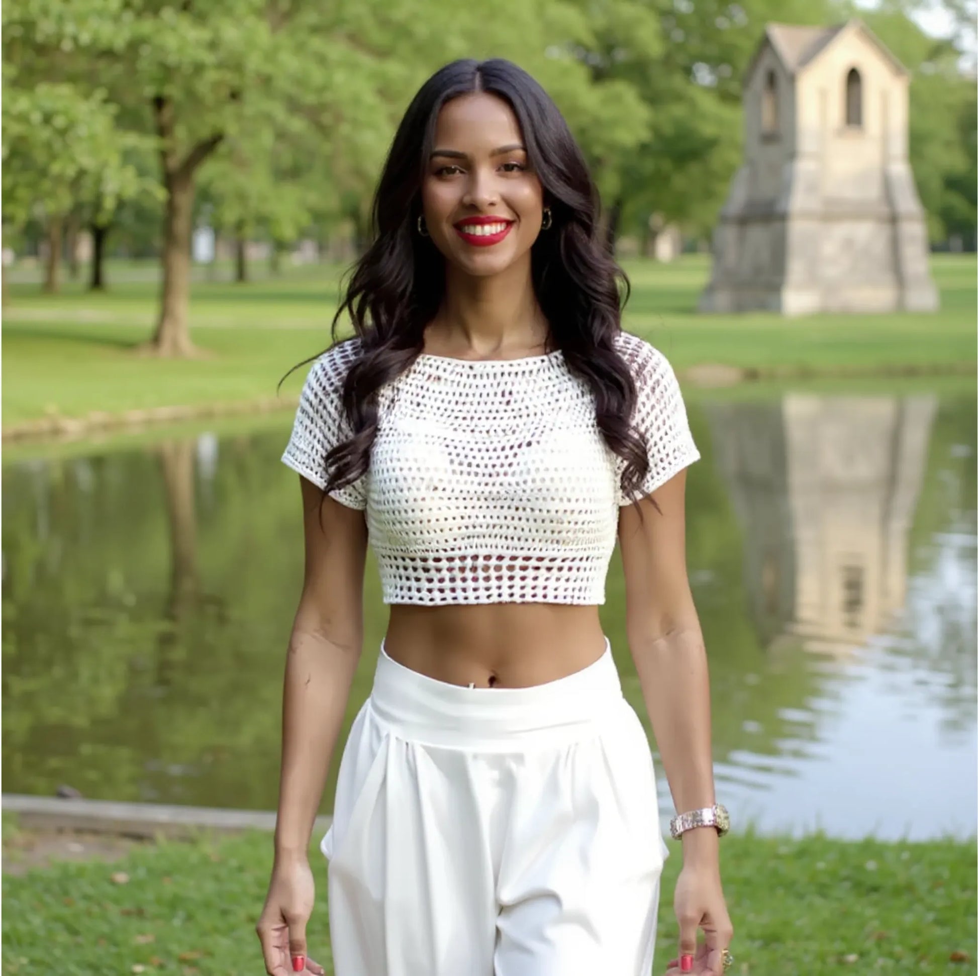 Haut au crochet Bianco de Cachalabibi - vue de face d'une jeune femme près d'un étang et d'une vieille ruine