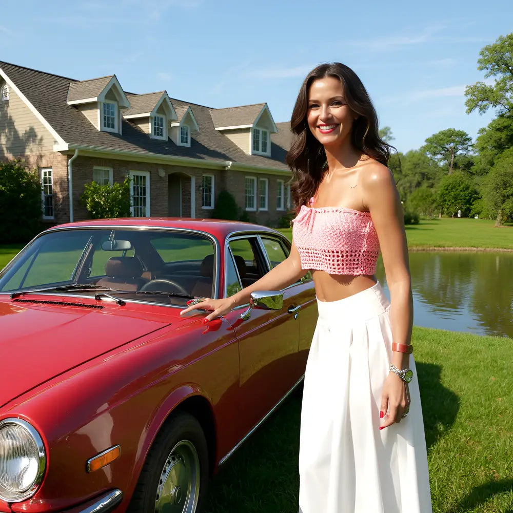 Haut au crochet Bloody Mary rose bustier porté devant une voiture rouge vintage avec maison en arrière-plan