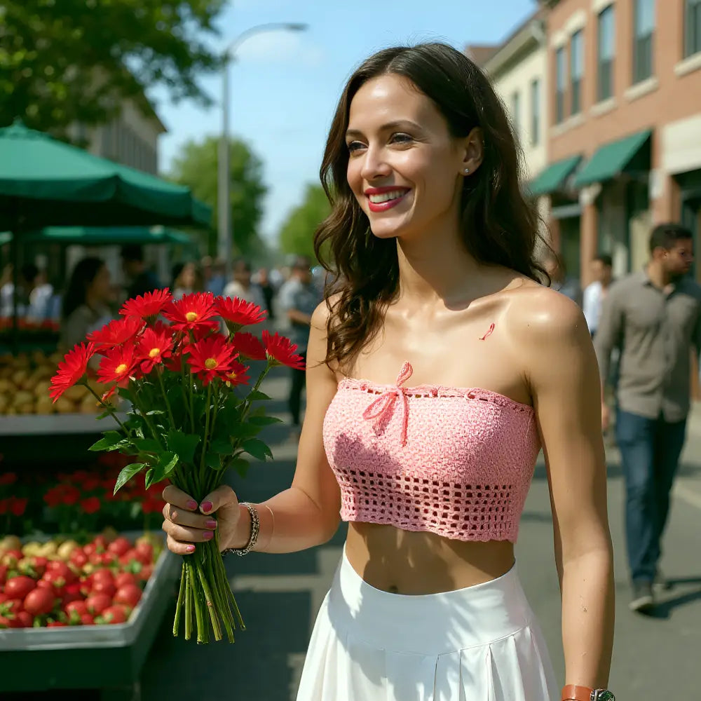 Haut au crochet Bloody Mary rose porté à un marché de fleurs avec bouquet de gerberas rouges