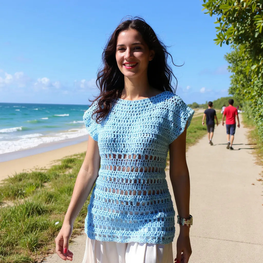Haut au crochet Brunnera de Cachalabibi - vue de face d'une jeune femme marchant en bord de mer