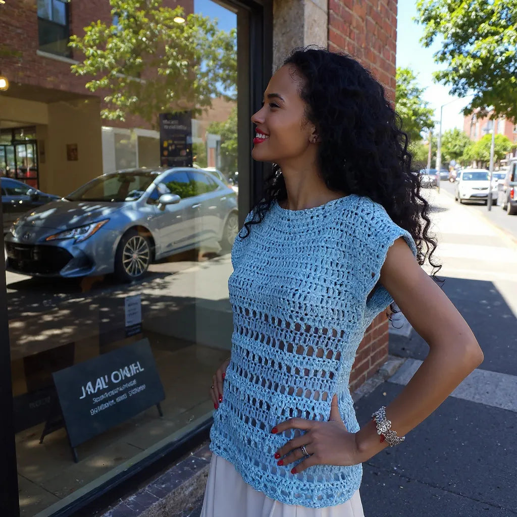 Haut au crochet Brunnera de Cachalabibi - vue de profil d'une jeune femme devant une vitrine de magasin de luxe