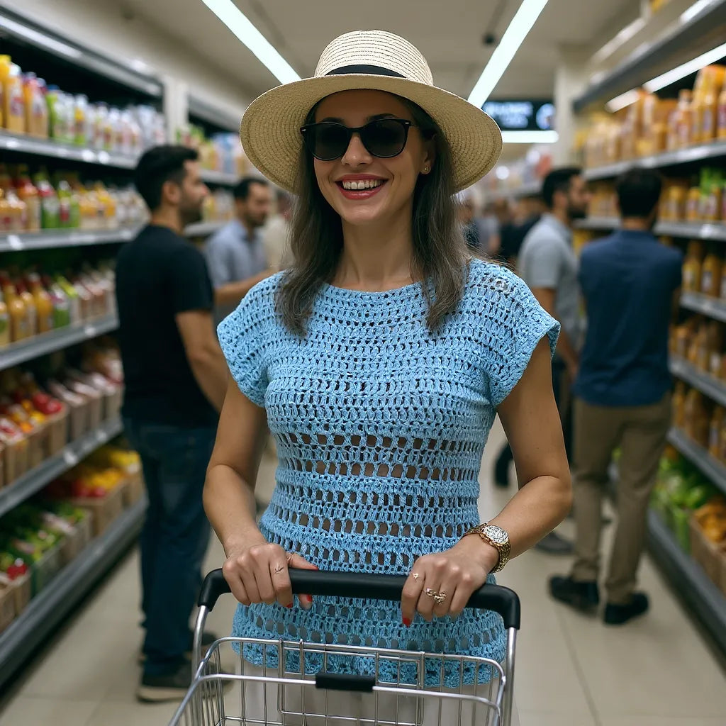 Haut au crochet Brunnera de Cachalabibi - vue de face d'une femme au chapeau en faisant ses courses dans un magasin