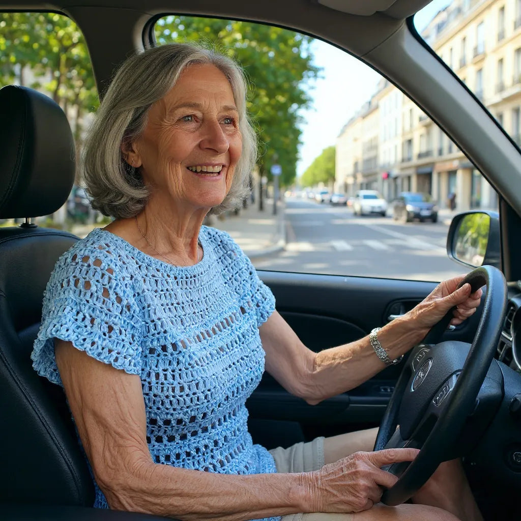 Haut au crochet Brunnera de Cachalabibi - vue de côté d'une femme aux cheveux gris au volant de sa voiture