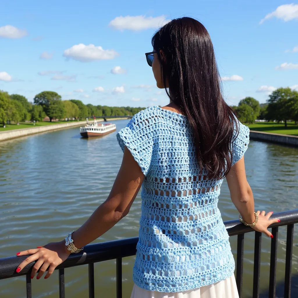 Haut au crochet Brunnera de Cachalabibi - vue de dos d'une femme les mains sur une rambarde de parapet