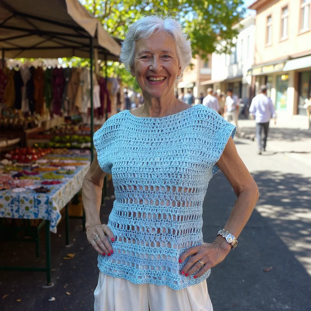 Haut au crochet Brunnera de Cachalabibi - vue de face d'une femme aux cheveux gris dans un marché