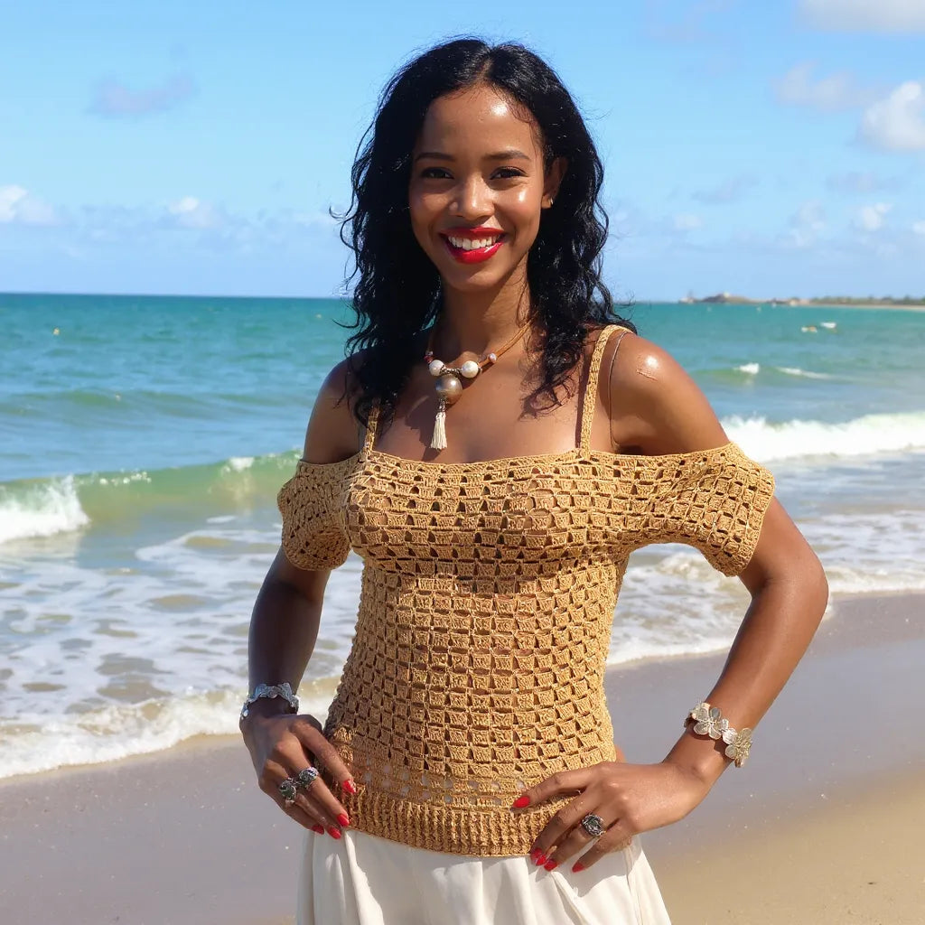 Haut au crochet Caramella de Cachalabibi - jeune femme et l'encolure bardot porté sur une plage tropicale