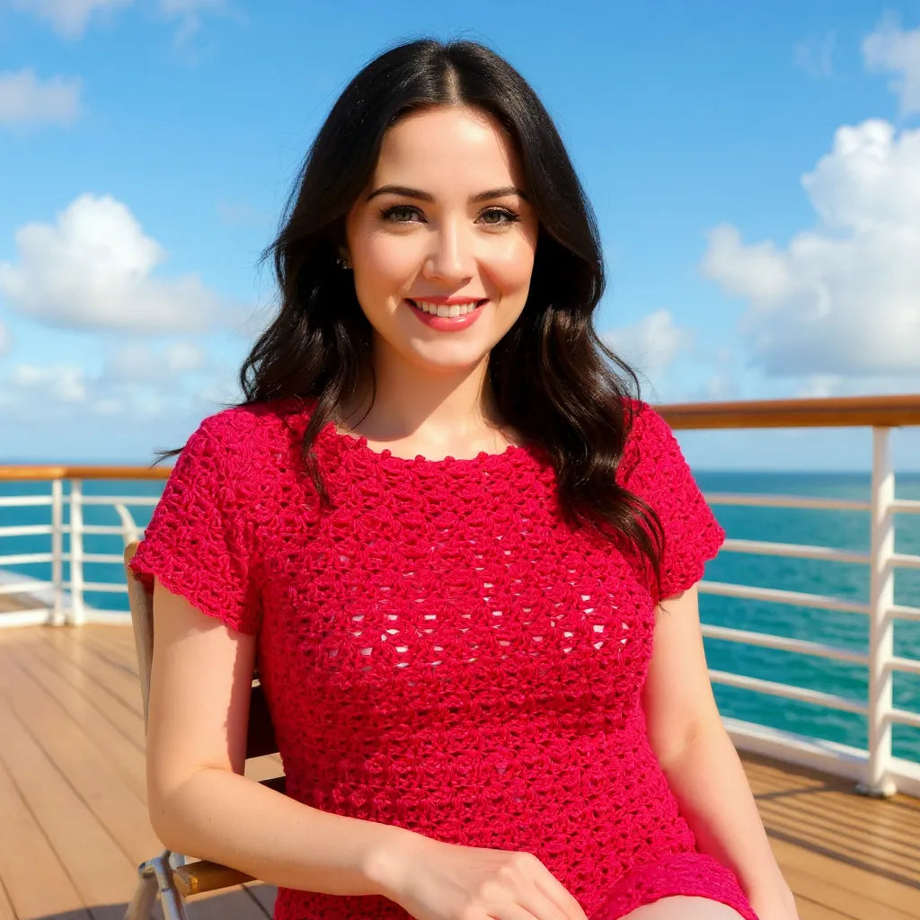 Haut au crochet Comelava de Cachalabibi - vue de face d'une jeune femme assise sur un pont de bateau