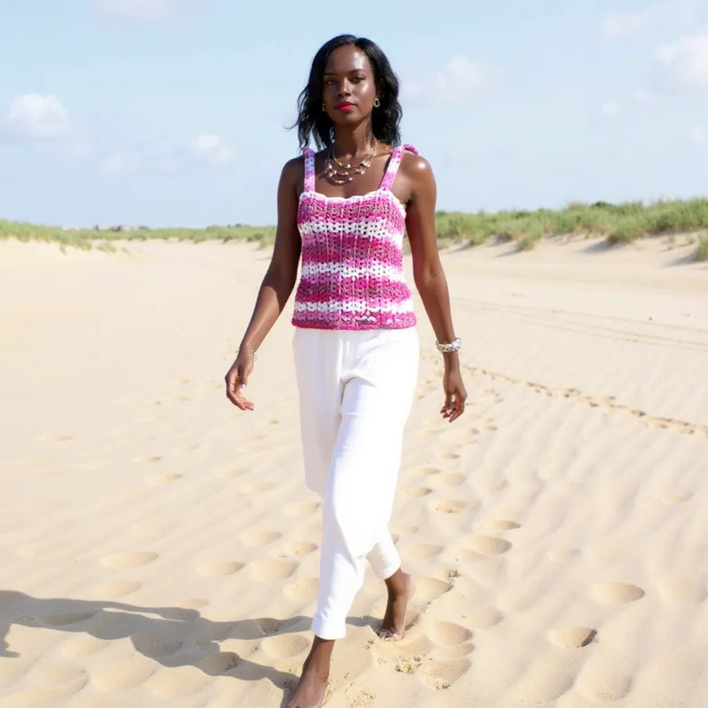 Haut au crochet Corsetto de Cachalabibi - vue de face d'une femme marchant sur la plage