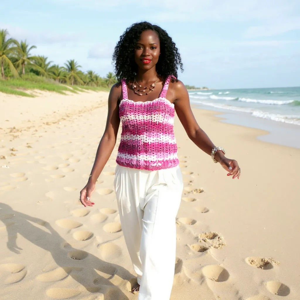 Haut au crochet Corsetto de Cachalabibi -  Vue de face d'une femme en pantalon blanc sur une plage exotique