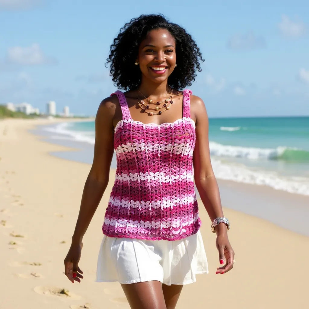 Haut au crochet Corsetto de Cachalabibi - vue de face d'une jeune femme marchant sur la plage tropicale