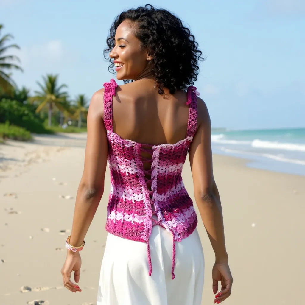 Haut au crochet Corsetto de Cachalabibi - Vue de dos sur une femme avec le détail du laçage corset