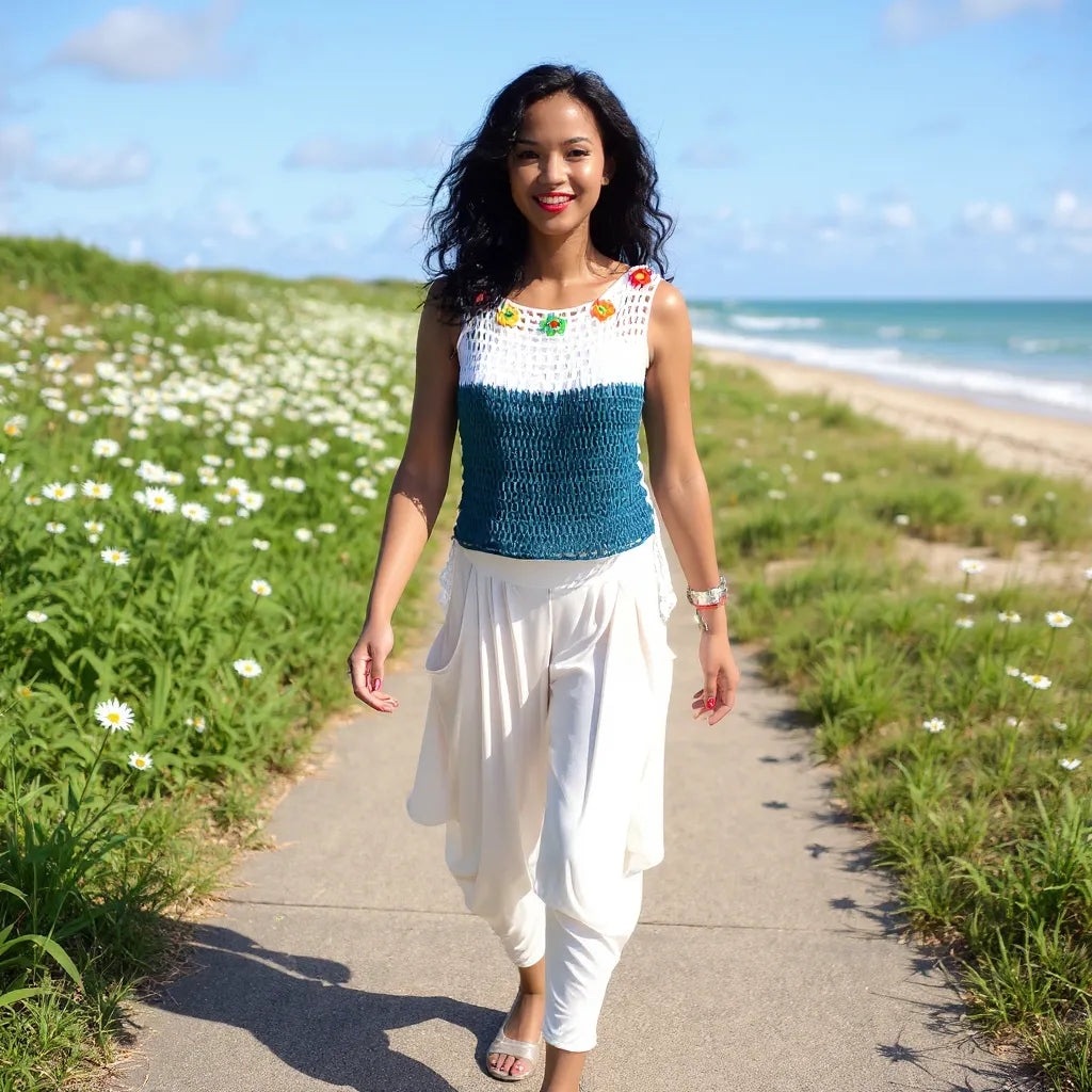 Haut au crochet Daisy de Cachalabibi - vue d'une femme sur un sentier près d'ne plage tropicale