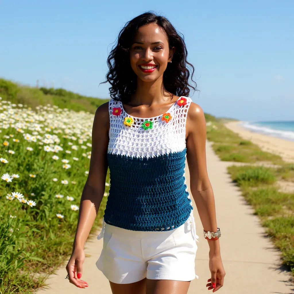 Haut au crochet Daisy de Cachalabibi - vue de face d'une femme dans un champ de marguerites en bord de mer