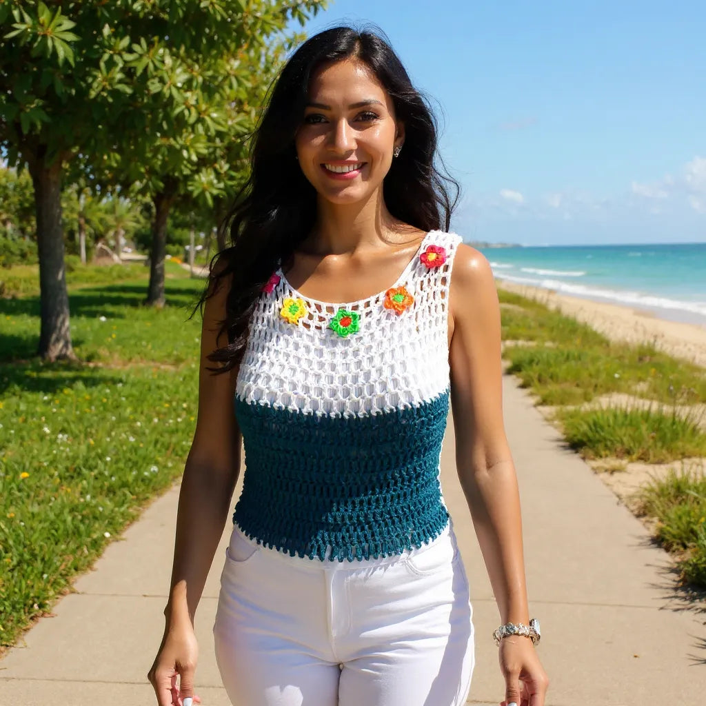 Haut au crochet Daisy de Cachalabibi - vue de face d'une femme sur une plage tropicale avec palmiers