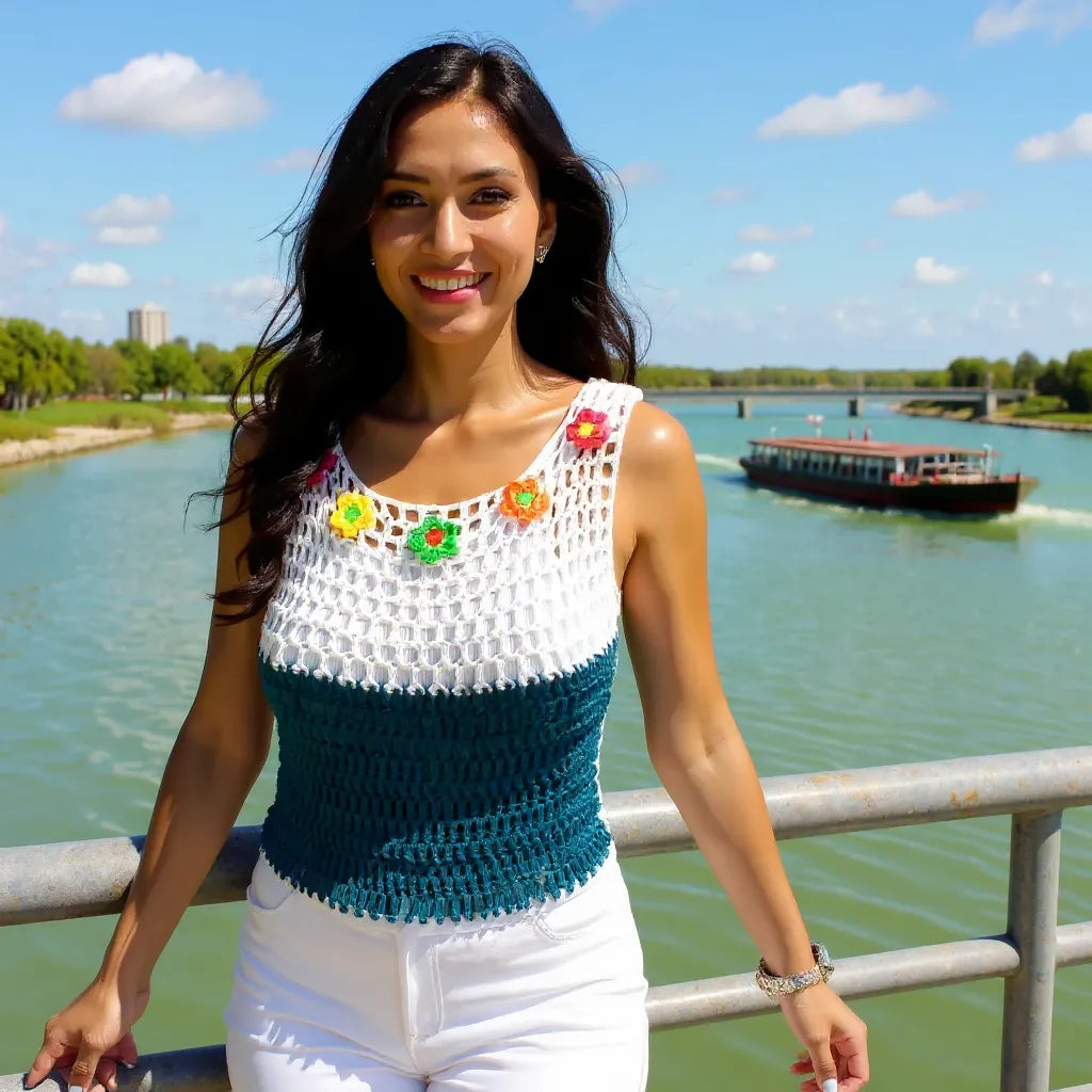 Haut au crochet Daisy de Cachalabibi - vue de face d'une femme sur un pont avec un bateau dans le fond