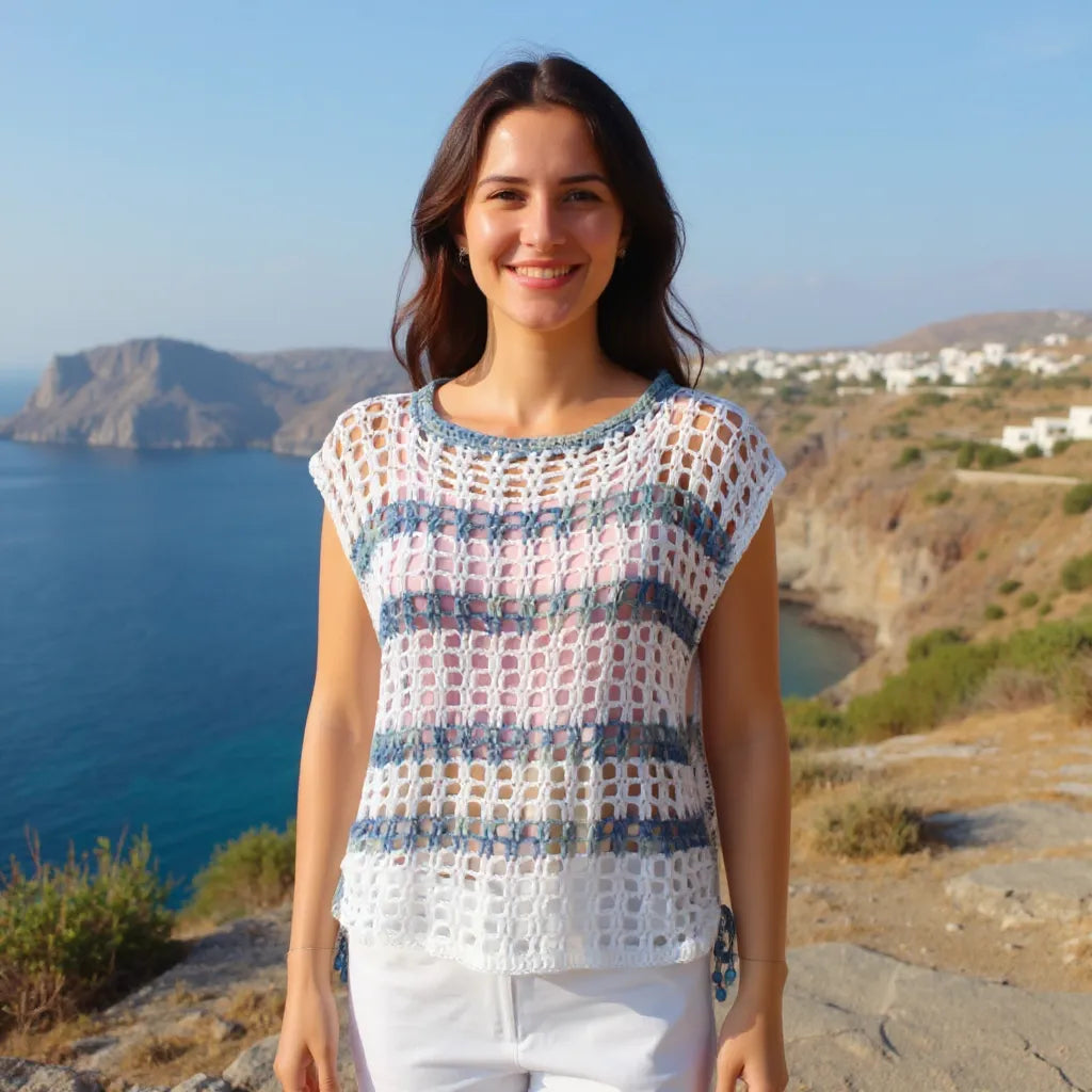 Haut au crochet Hellenica de Cachalabibi - vue de face d'une femme sur un promontoire avec superbe vue sur la mer bleue