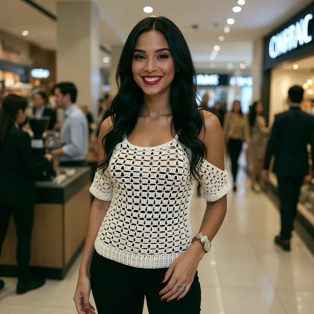 Haut au crochet Espuma de Cachalabibi - vue de face d'une jeune femme en centre commercial