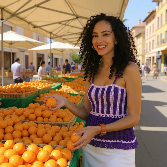 Haut au crochet Ficoviola de Cachalabibi - - vue de face d'une femme dans un marché qui achète des oranges