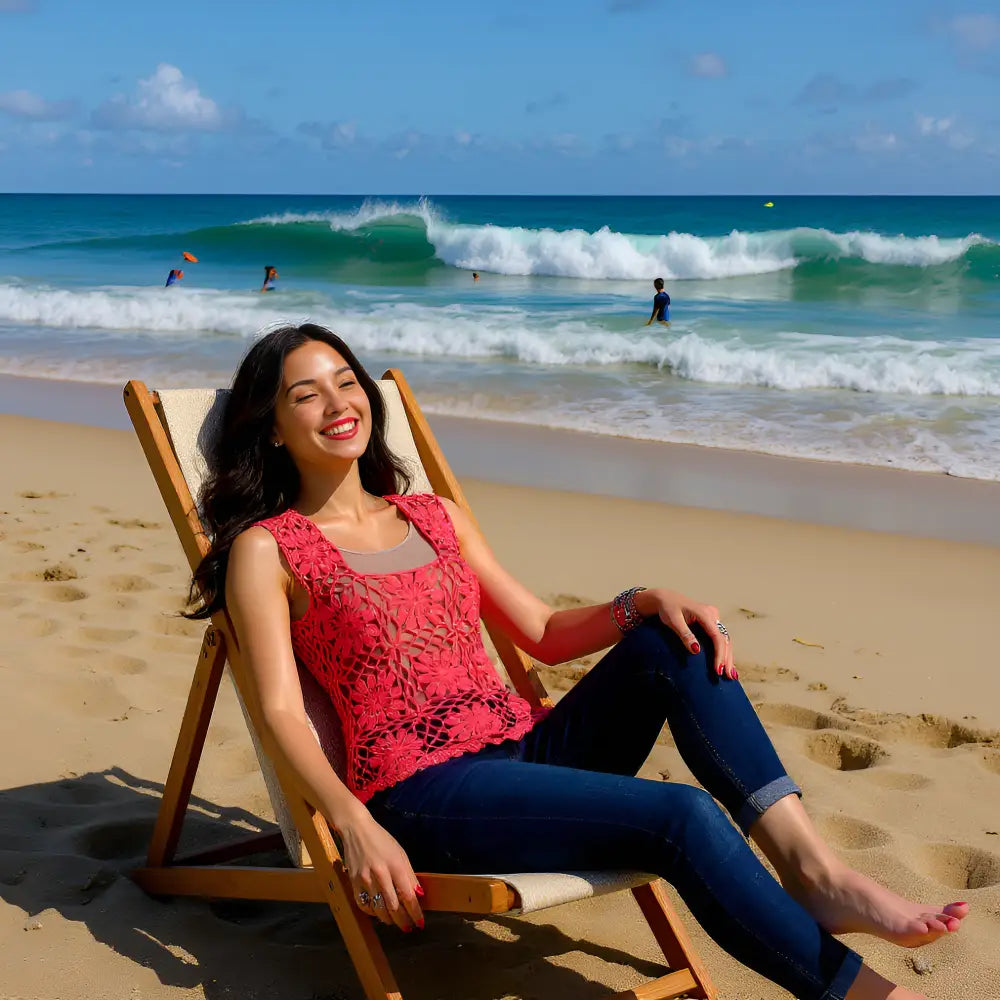 Haut au crochet Florapizzo de Cachalabibi  - vue de côté d'une femme allongé sur un transat près de la mer