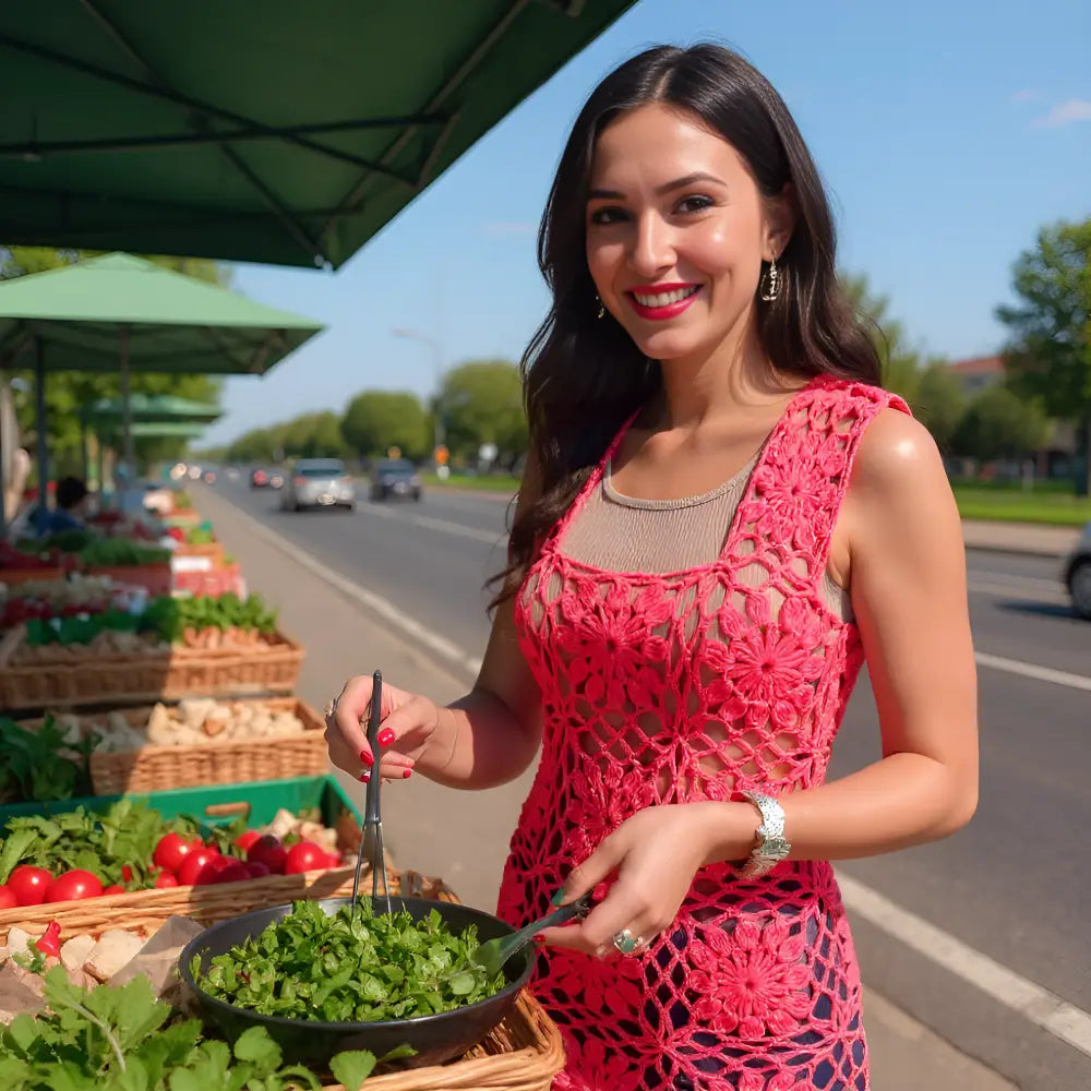 Haut au crochet Florapizzo de Cachalabibi  - vue de face du motif floral ajouré sur une jeune femme au marché