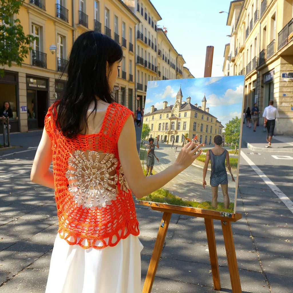 Haut au crochet Floravita de Cachalabibi -vue de dos d'une femme peintre de rue à Montmartre