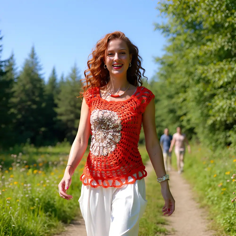 Haut au crochet Floravita de Cachalabibi -vue de face d'une Femme rousse en randonnée dans la nature