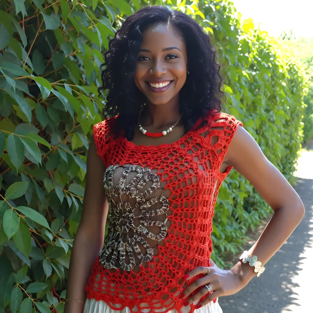 Haut au crochet Floravita de Cachalabibi -Femme souriante avec le haut près d'une haie de lauriers