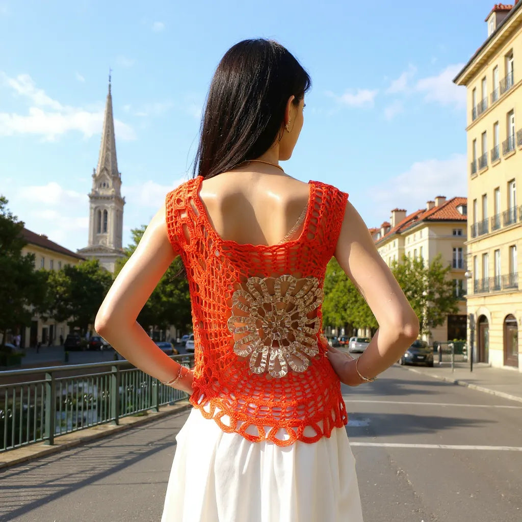 Haut au crochet Floravita de Cachalabibi - vue de dos d'une jeune femme sur un quai déserté avec une église u loin