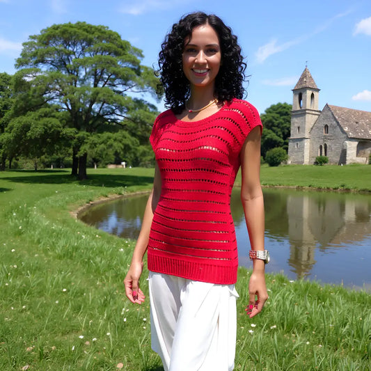 Haut au crochet Fragolina de Cachalabibi -  portée dans la campagne française par une jeune femme brune