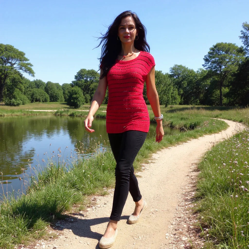 Haut au crochet Granada de Cachalabibi - porté par une femme sur un chemin longeant un étang