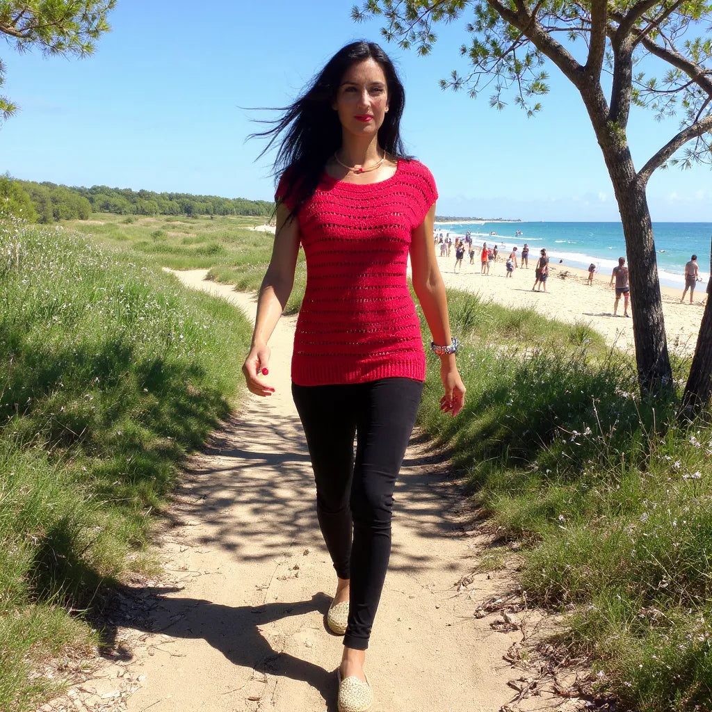 Haut au crochet Granada de Cachalabibi - vue de face d'une femme marchant sur un chemin forestier