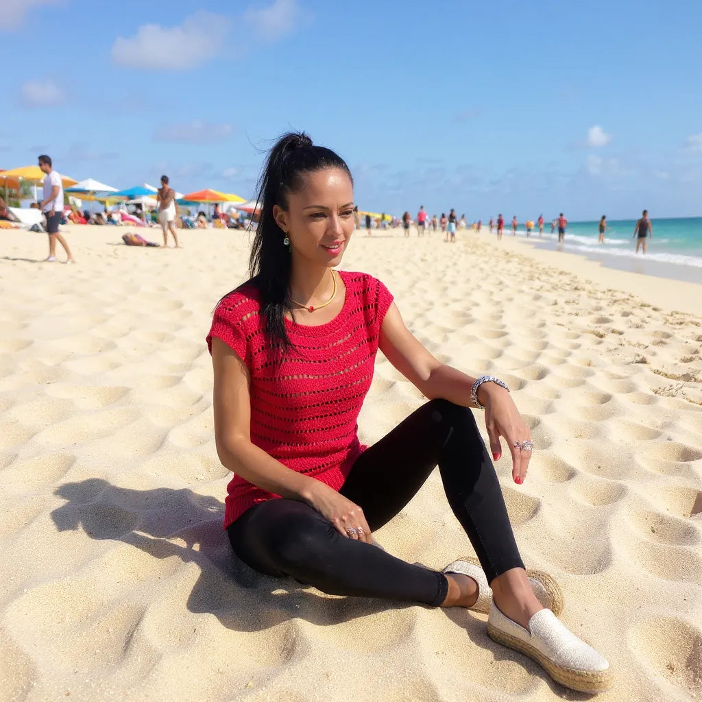 Haut au crochet Granada de Cachalabibi - vue de face d'une femme assise à la plage