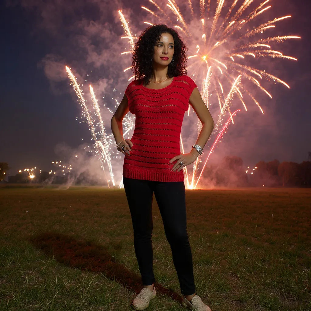 Haut au crochet Granada de Cachalabibi  - vue de face d'une jeune femme avec un feu d'artifice en arrière-plan