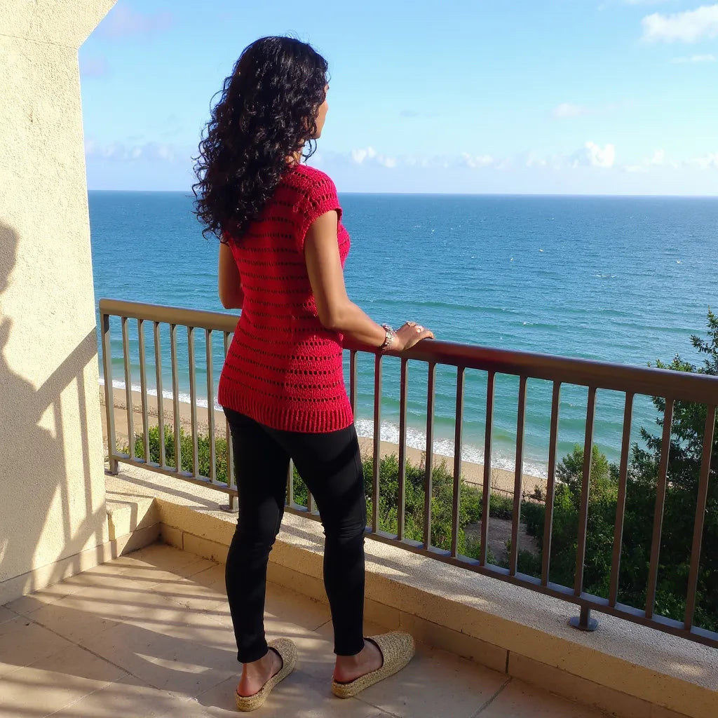 Haut au crochet Granada de Cachalabibi - vue de trois-quarts d'une femme sur un balcon dominant la mer
