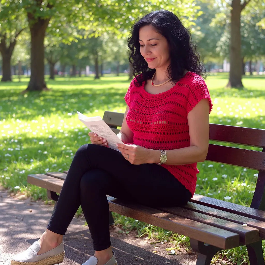 Haut au crochet Granada de Cachalabibi - vue de face d'une femme assise sur un banc