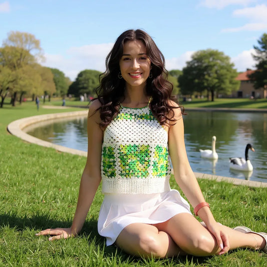 Haut au crochet Guayaba de Cachalabibi - vue de face d'une femme assise sur l'herbe près d'un étang avec des cygnes