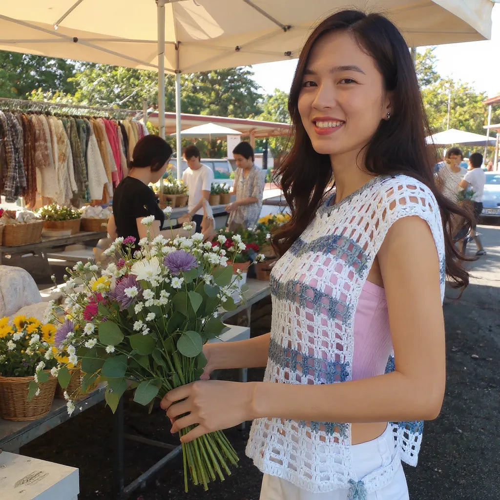 Haut au crochet Hellenica de Cachalabibi - vue du côté ouvert du haut sur une femme  qui tient un bouquet de fleurs