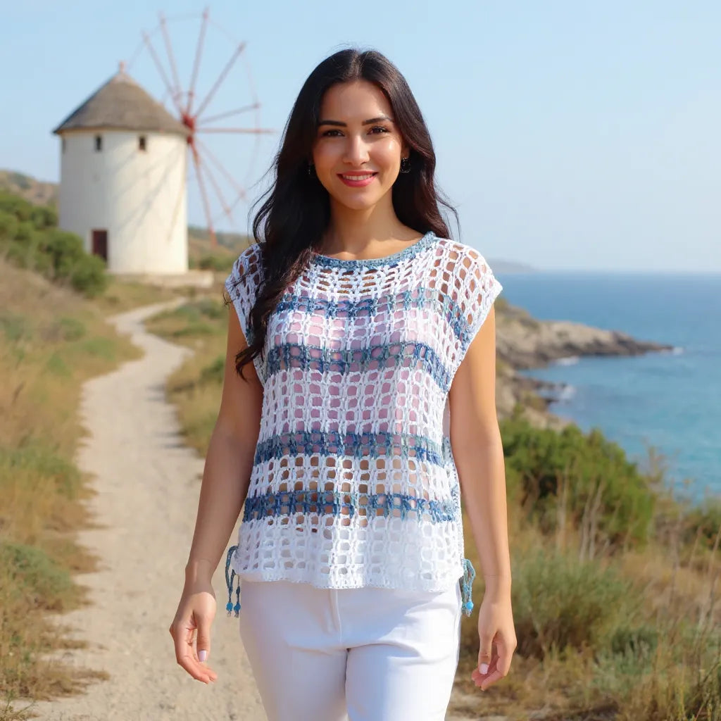 Haut au crochet Hellenica de Cachalabibi - vue de face d'une jeune femme sur un sentier avec un moulin crétois derrière