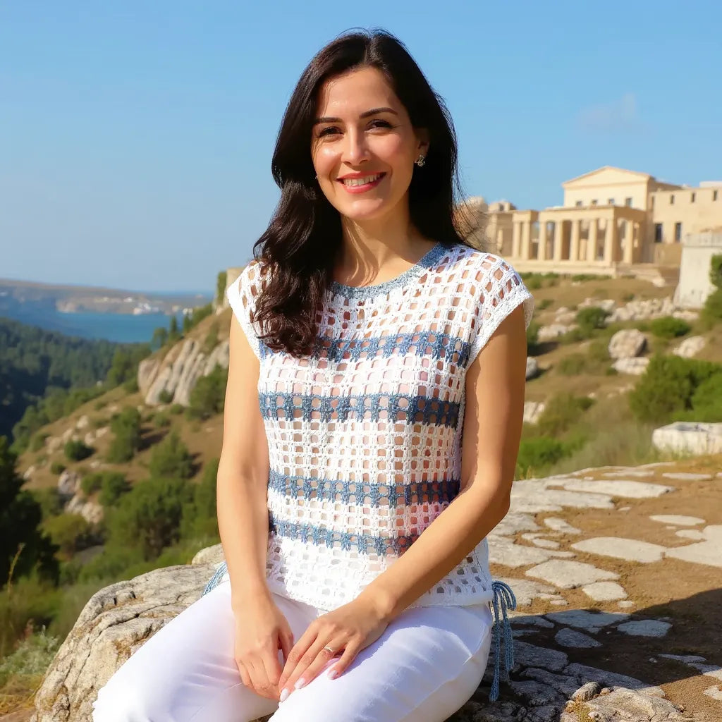 Haut au crochet Hellenica de Cachalabibi - vue de face d'une femme assise avec l'Acropole en arrière-plan