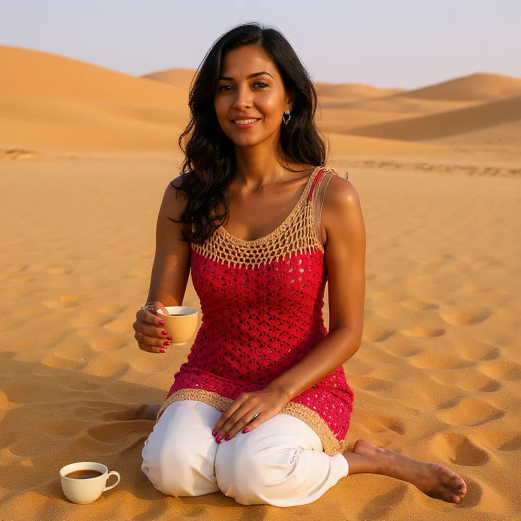 Haut au crochet Hyllam de Cachalabibi - vue de face d'une femme assise dans le désert et buvant une tasse de thé
