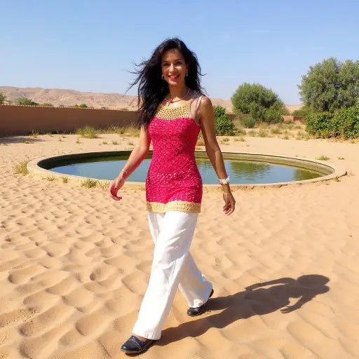 Haut au crochet Hyllam de Cachalabibi - vue de face d'une femme marchant près d'un point d'eau