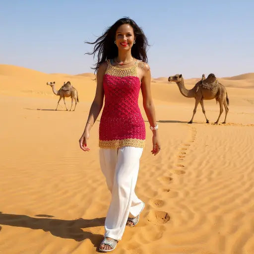 Haut au crochet Hyllam de Cachalabibi - vue de face d'une femme dans le désert avec des chameaux en arrière-plan