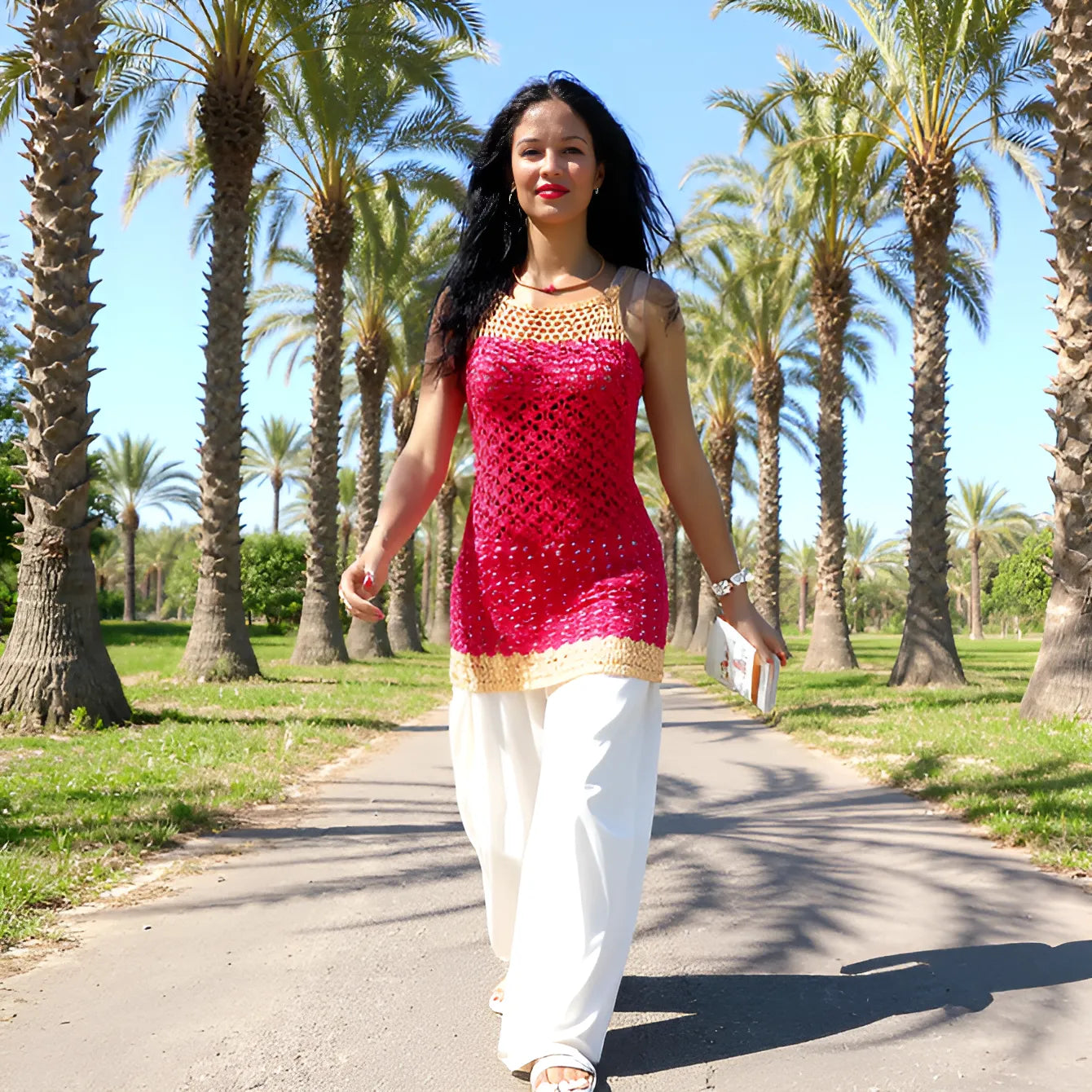 Haut au crochet Hyllam de Cachalabibi - vue de face d'une femme brune en promenade dans une palmeraie marocaine