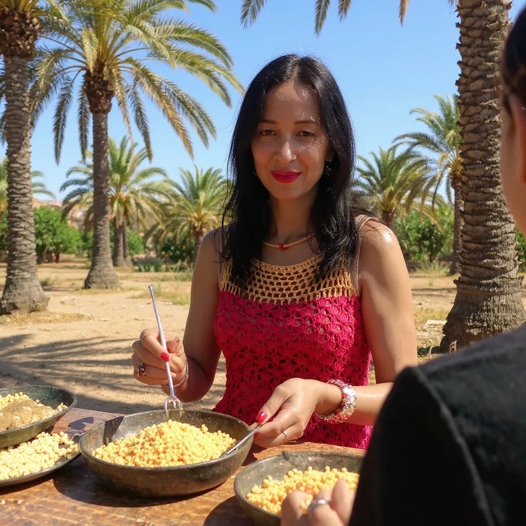 Haut au crochet Hyllam de Cachalabibi - vue de face d'une femme dégustant un repas traditionnel au Maroc