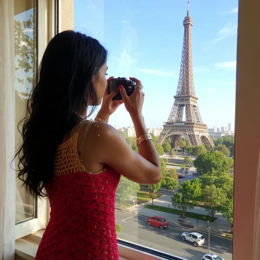 Haut au crochet Hyllam de Cachalabibi - vue dos d'une jeune femme chez elle photographiant la Tour Eiffel