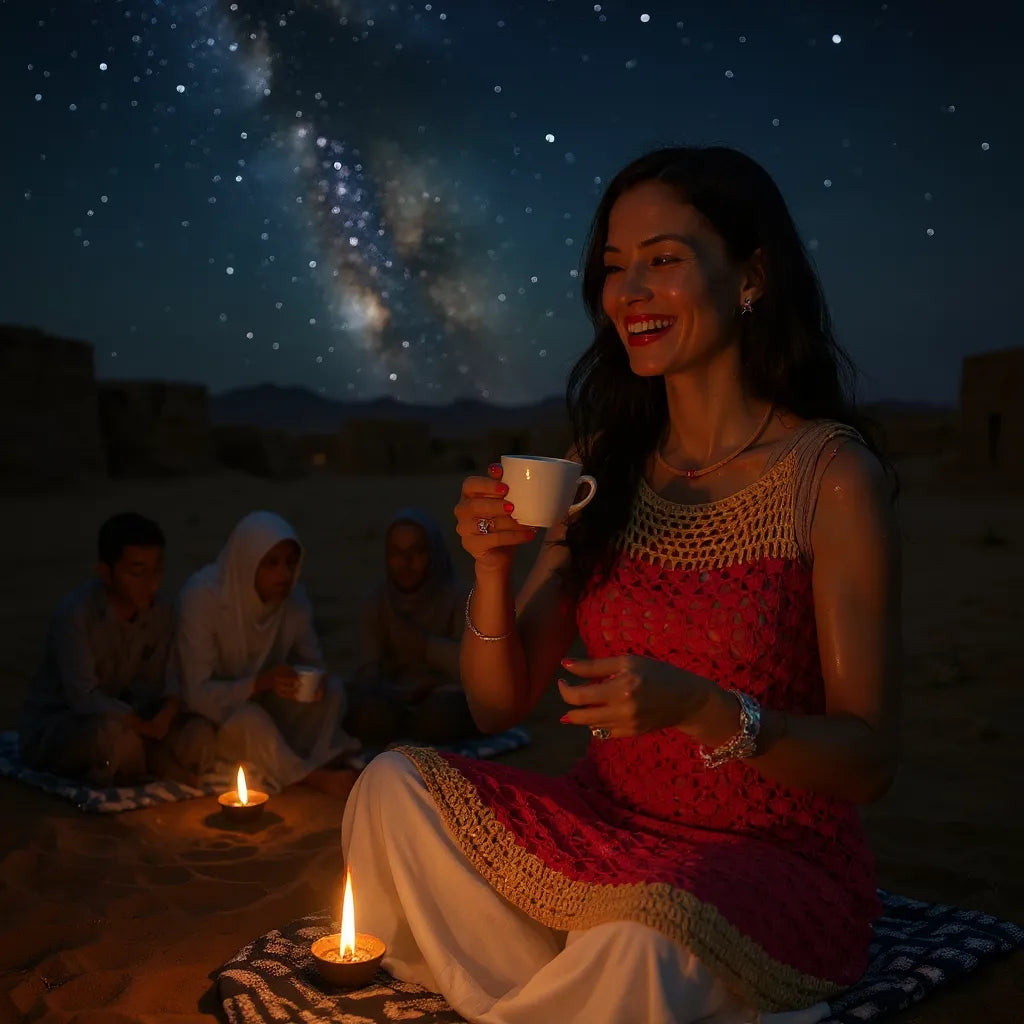 Haut au crochet Hyllam de Cachalabibi - Vue de dos d'une femme dans le désert au coucher du soleil