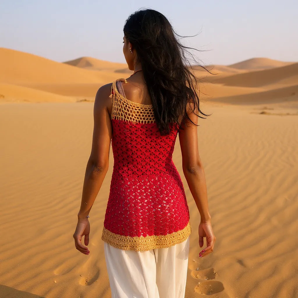 Haut au crochet Hyllam de Cachalabibi - vue de dos d'une femme marchant dans le désert