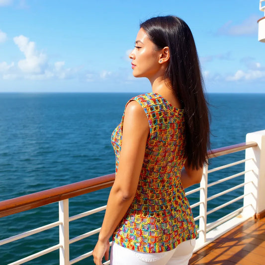 Haut au crochet Illusion de Cachalabibi - vue de côté d'une jeune femme sur le pont d'un bateau